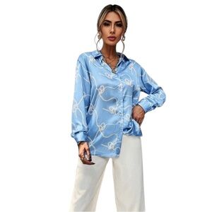 Zara XL light blue Rope / chain Print Satin Effect silky button down Shirt NWT